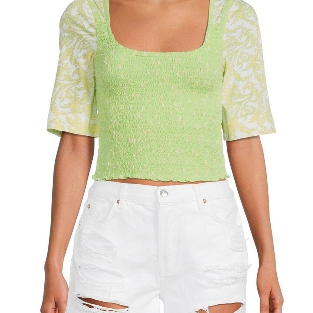 FREE PEOPLE MARIGOLD SMOCKED TOP OB1434162 SQUARE NECK KEY LIME Green COMBO S